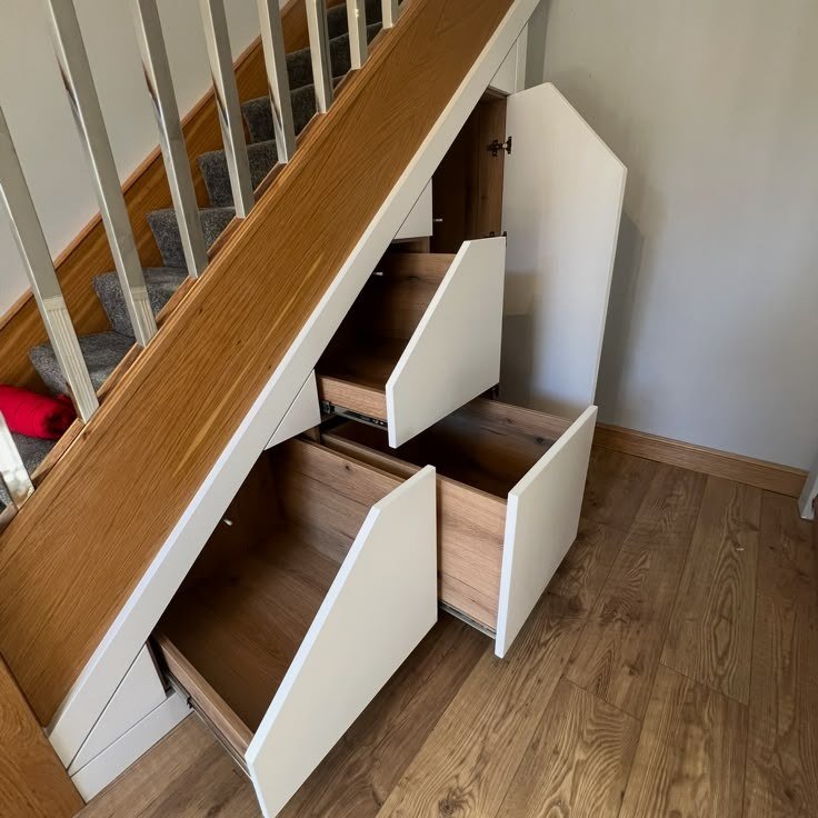 Understairs drawers in white with oak-lined interiors